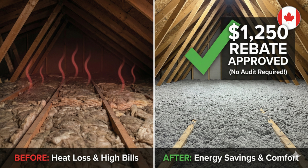 Split screen showing an uninsulated attic with heat loss vs a Therm-O-Comfort insulated attic with blown-in cellulose.